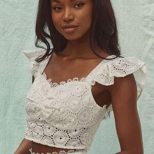 Lulus Time For Sunshine White Eyelet Lace Ruffled Crop Top - Size XS